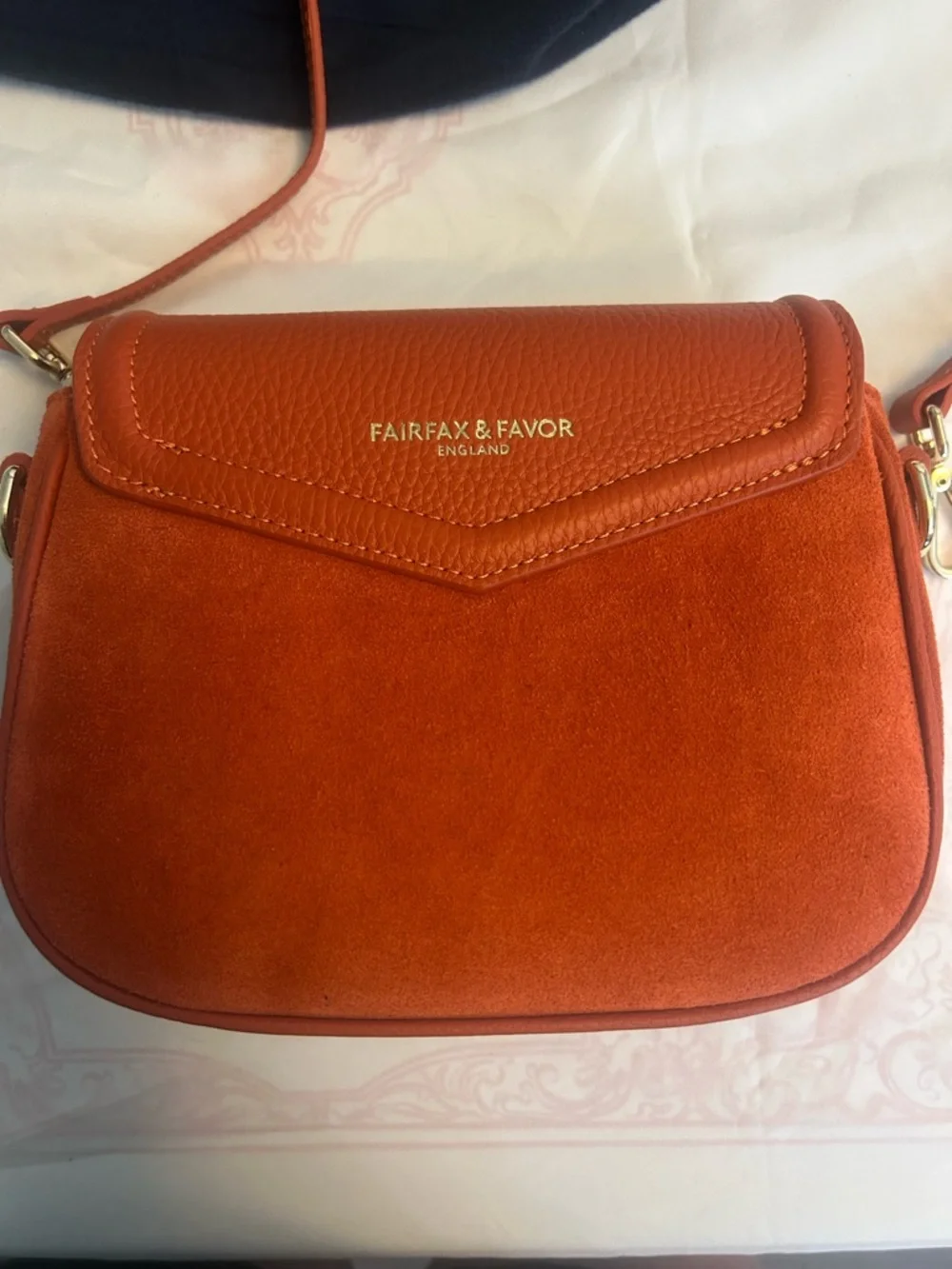 Fairfax & Favor Sunset Orange Saddle Crossbody Bag with Gold Accent - Picture 4 of 8